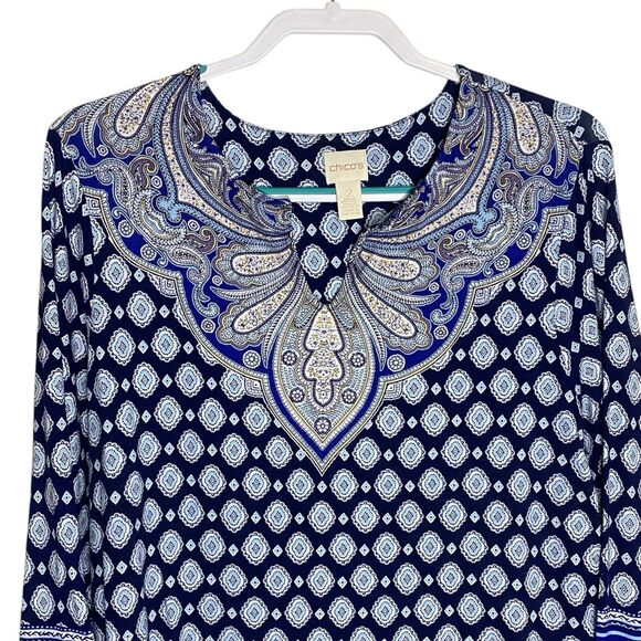 Chicos Top Womens 2 Large Blue Notch V Neck 3/4 Sleeve Tunic Blouse Slinky Boho - Picture 4 of 11